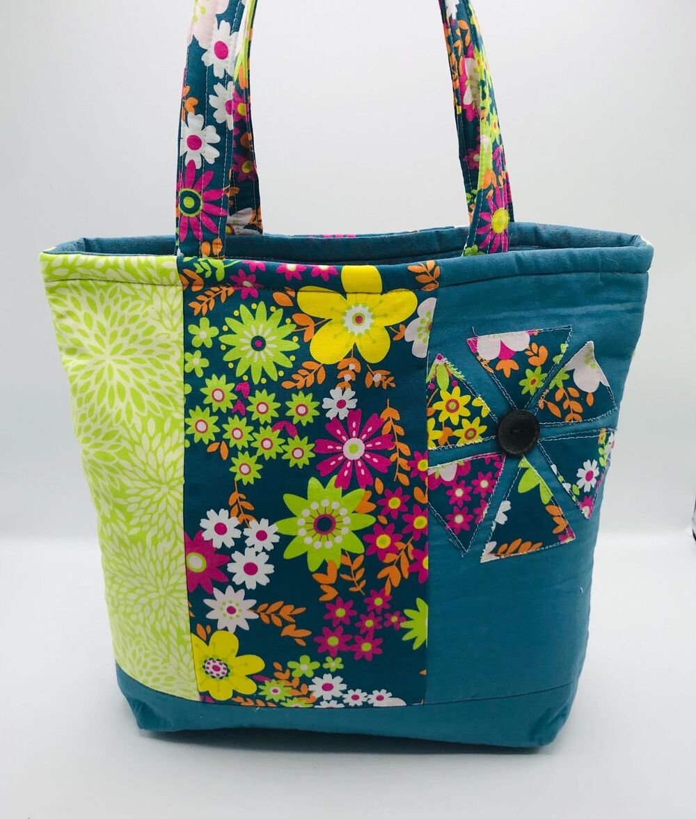 Basic Lizbet Library Market Tote Bag,Teal Yellow Florals 12x13.5x3" With Pockets